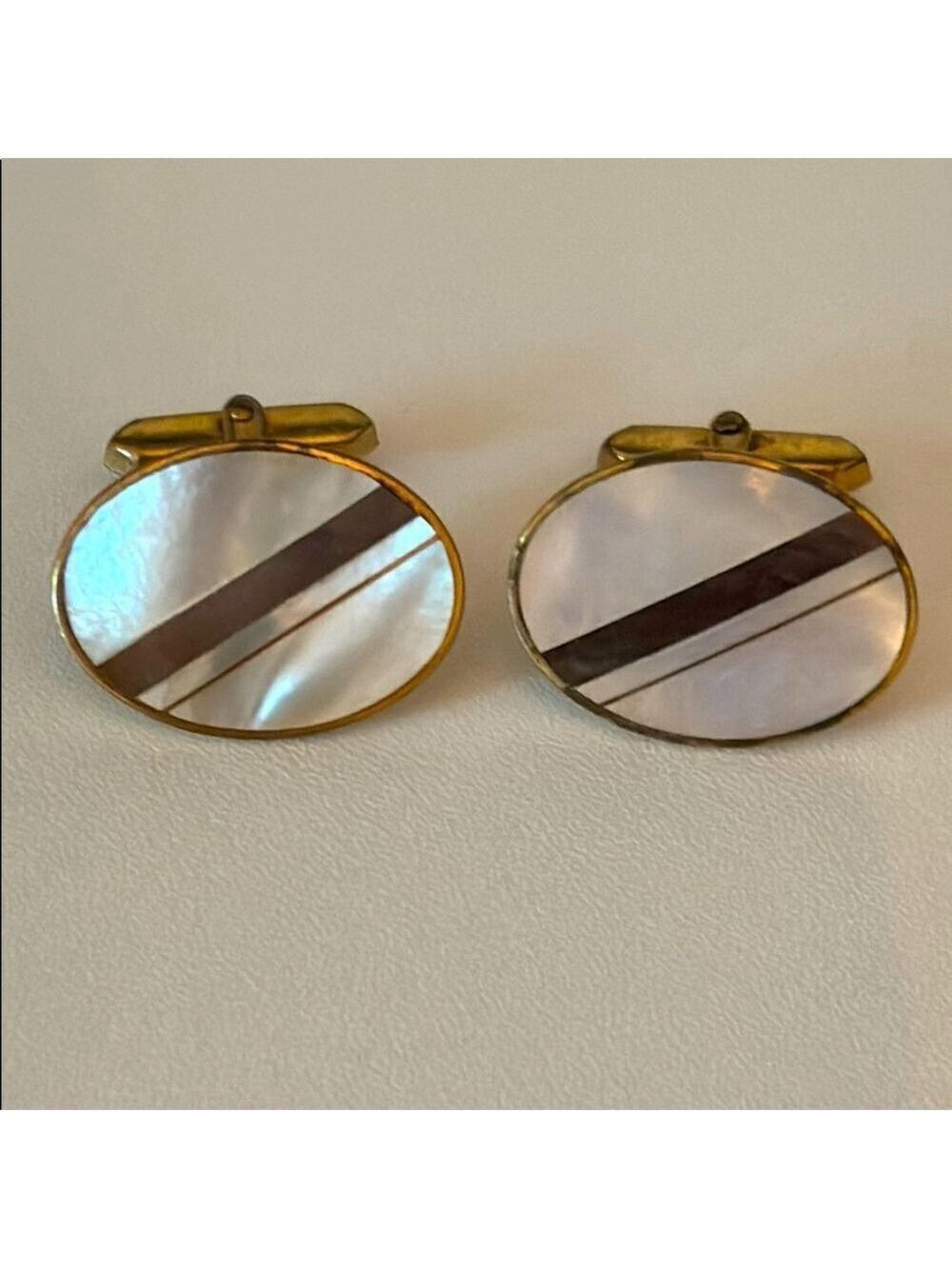 Vintage Oval Cufflinks with Mother of Pearl inlay gold tone hardware French cuff